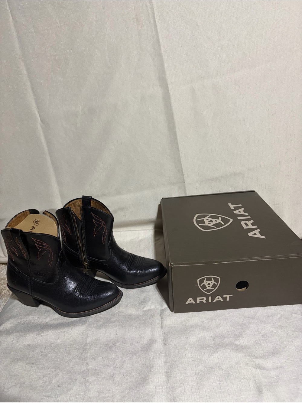 Ariat Black Leather Short Western Boots with Red Stitching